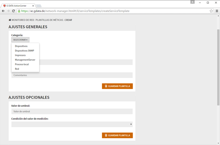 Captura de pantalla de G DATA ActionCenter – Creación de plantillas de métricas