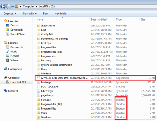 Screenshot of Windows Explorer, showing shortcuts in system drive